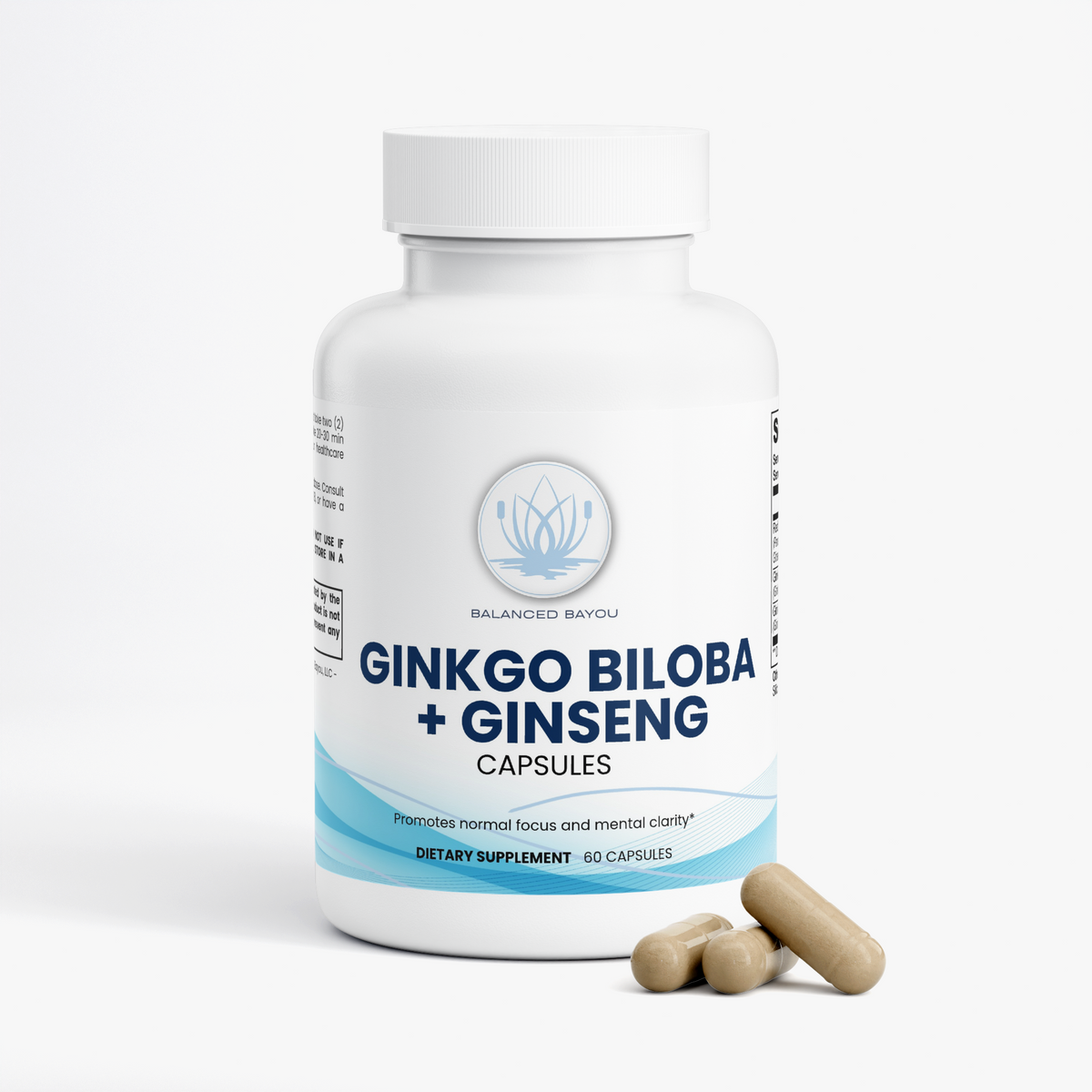 A white plastic bottle of Balanced Bayou Ginkgo Biloba + Ginseng dietary supplement capsules, featuring a clean white label with blue text and wave accents on a light gray background.
