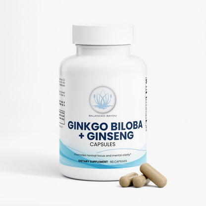 A white plastic bottle of Balanced Bayou Ginkgo Biloba + Ginseng dietary supplement capsules, featuring a clean white label with blue text and wave accents on a light gray background.