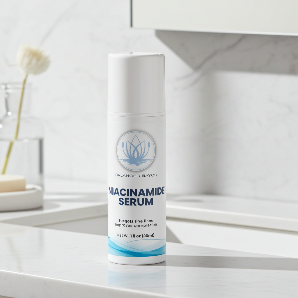 A white cylindrical bottle of Balanced Bayou Niacinamide Serum stands on a white marble countertop in a bathroom setting with a sink and vase in the background.
