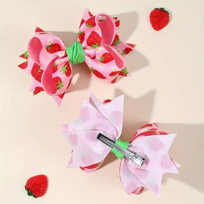 2 pc Strawberry Print Bow Hair Clip