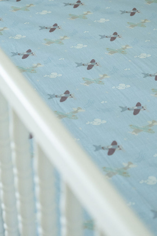 Organic Bamboo Cotton Muslin Crib Sheet in Dreamy Planes