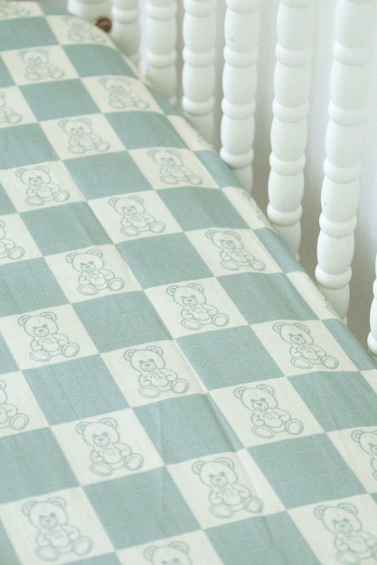 Organic Bamboo Cotton Muslin Crib Sheet in Checkered Bears