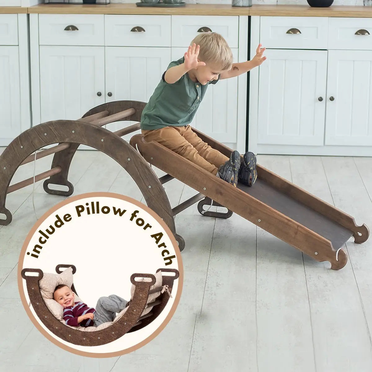 3in1 Montessori Climbing Set: Climbing Arch + Slide Board + Cushion - Beige