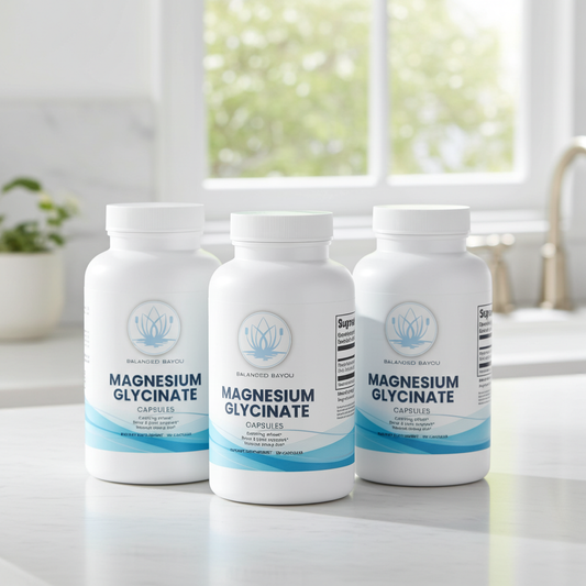 Three white bottles of Balanced Health Magnesium Glycinate Capsules standing on a light countertop in a bright kitchen setting.