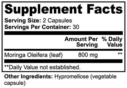 Supplement facts label with Moringa Oleifera and Hypromellose information