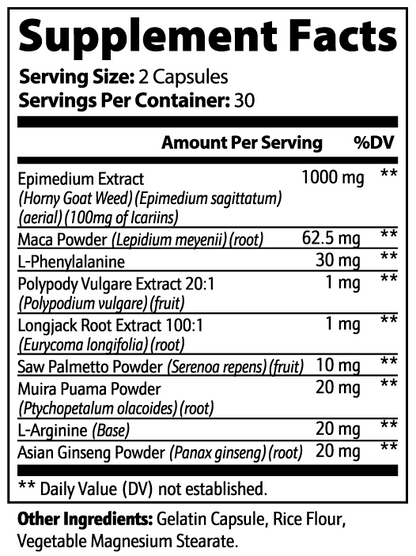 Supplement facts label with various ingredients and their amounts per serving.