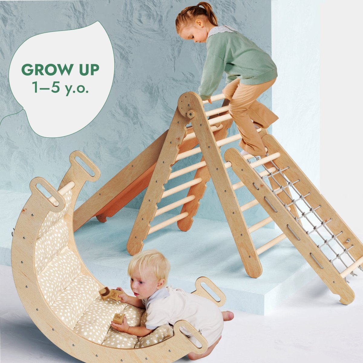 5in1 Montessori Climbing Set: Pikler, Climbing Arch, Slide, Net & Cushion