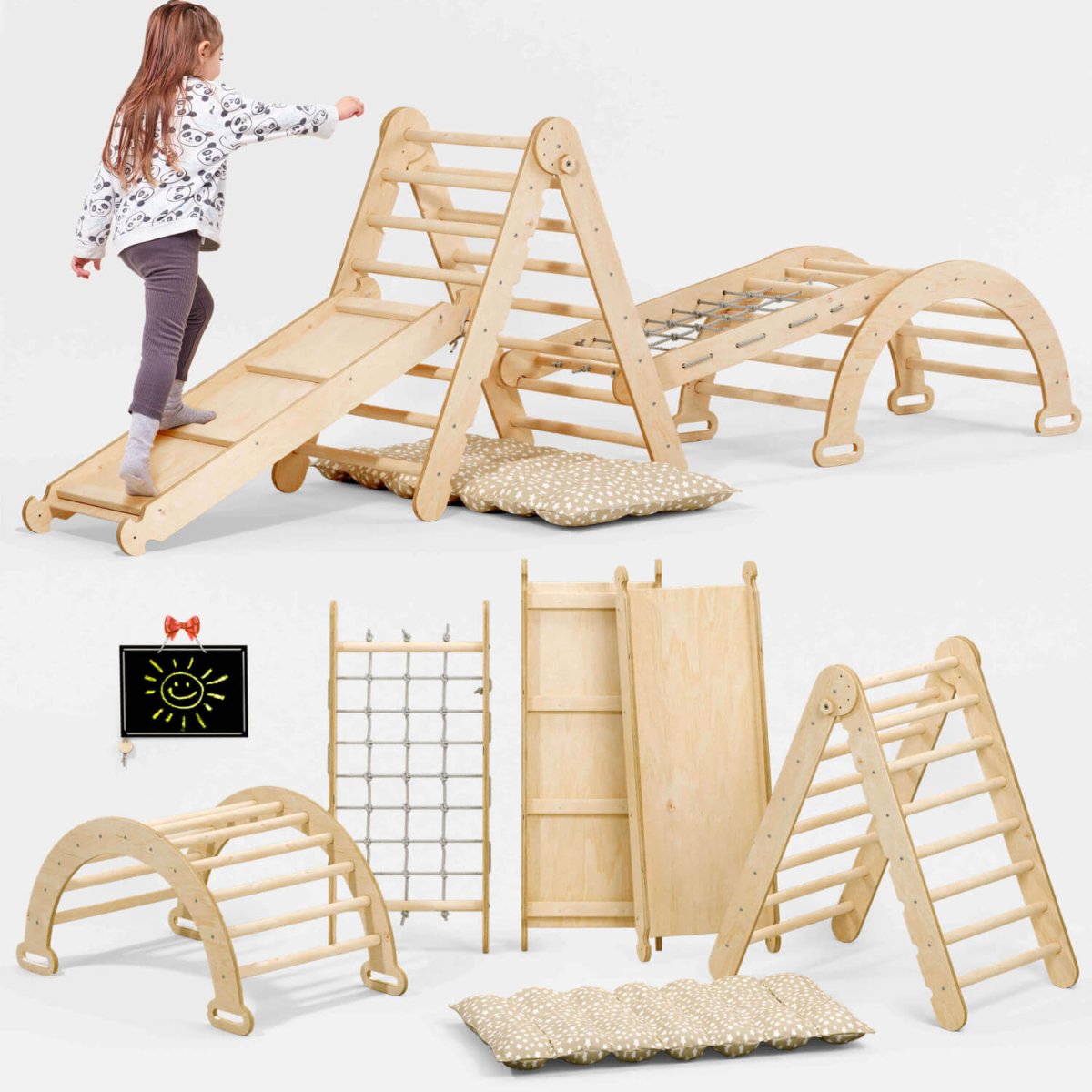 5in1 Montessori Climbing Set: Pikler, Climbing Arch, Slide, Net & Cushion