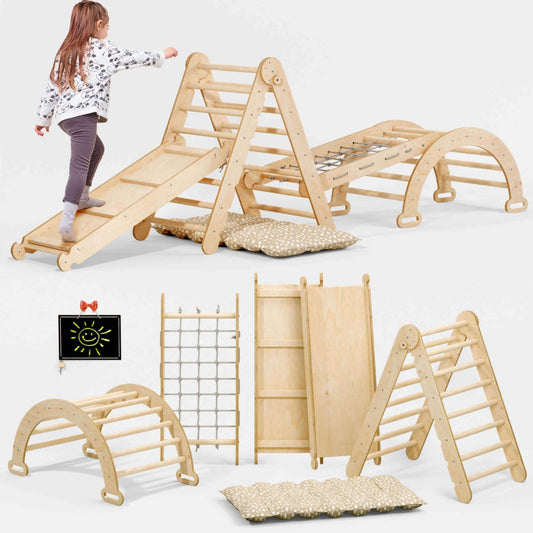 5in1 Montessori Climbing Set: Pikler, Climbing Arch, Slide, Net & Cushion