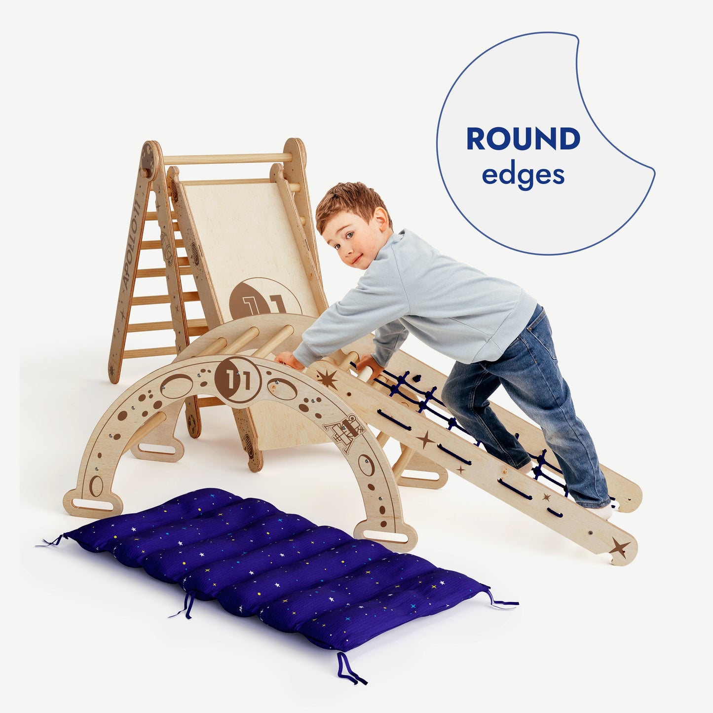 Apollo 5in1 Climbing Set:  Pikler Triangle, Net, Arch, Slide Board, and Cushion for Little Astronauts
