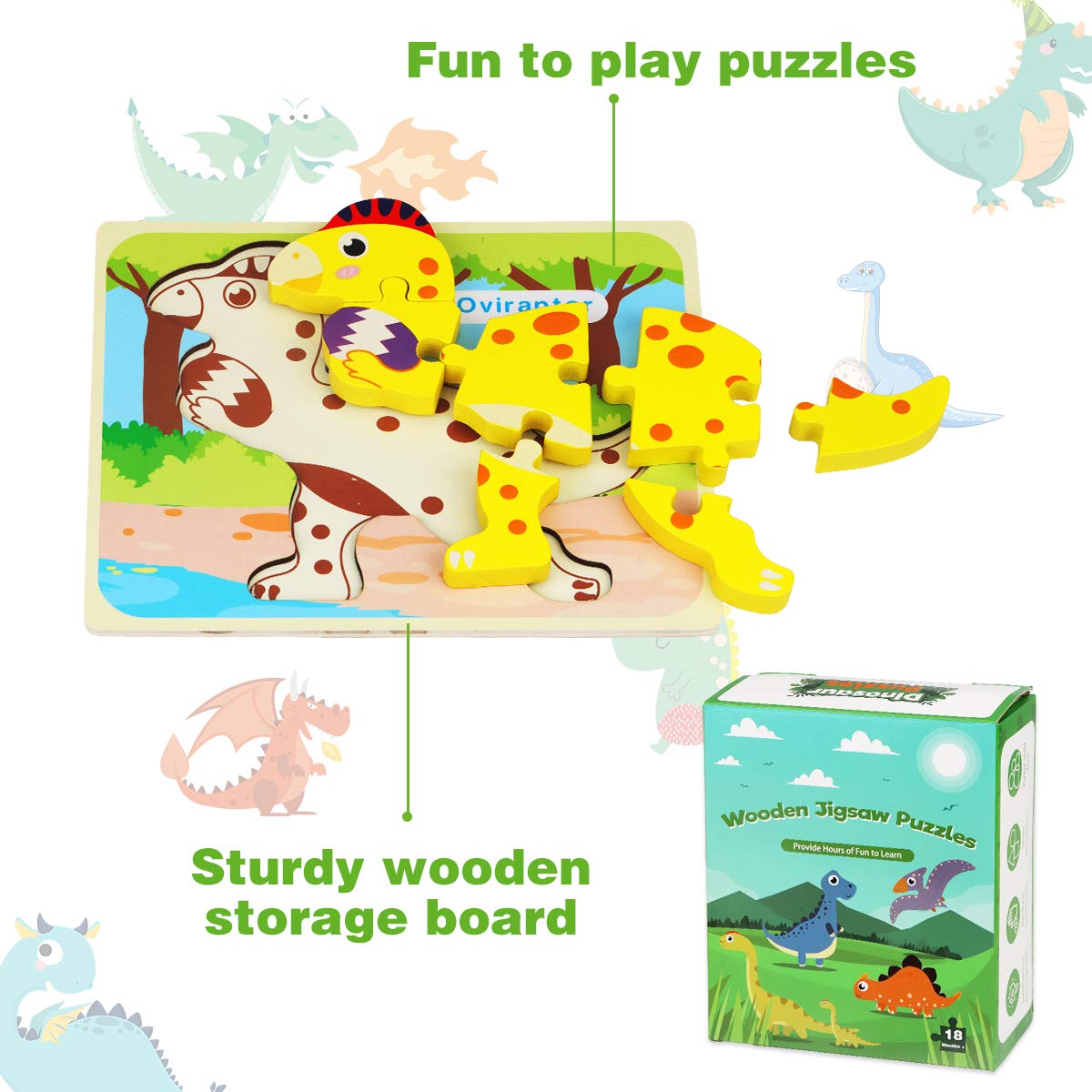 Wooden Dinosaur Puzzle Adventure 7 Preschool Learning Puzzles for Kids Ages 3+ Montessori Jigsaw Set