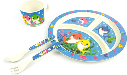 🦈 Shark Family 4-Piece Kids Dinnerware Set – Eco-Friendly, Biodegradable, BPA-Free Plant Fiber Tableware with Plate, Cup, Fork & Spoon – Microwave & Dishwasher Safe – Gift-Boxed for Holidays & Birthdays