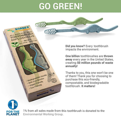 ® All-Natural Eco Friendly Kids Toothbrush Made from Plants - Dinosaurs 4-36M - Baby to Toddler - Blue/Green - 4Pk | 1% for the Planet Product