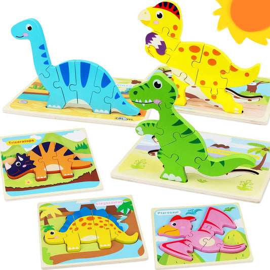 Wooden Dinosaur Puzzle Adventure 7 Preschool Learning Puzzles for Kids Ages 3+ Montessori Jigsaw Set