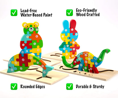 Wooden Montessori Puzzles Including: Dinosaur, Dolphin, Rabbit And Teddy Bear Patterns
