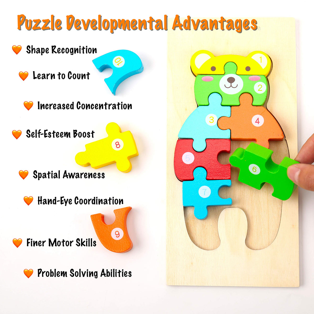 Wooden Montessori Puzzles Including: Dinosaur, Dolphin, Rabbit And Teddy Bear Patterns