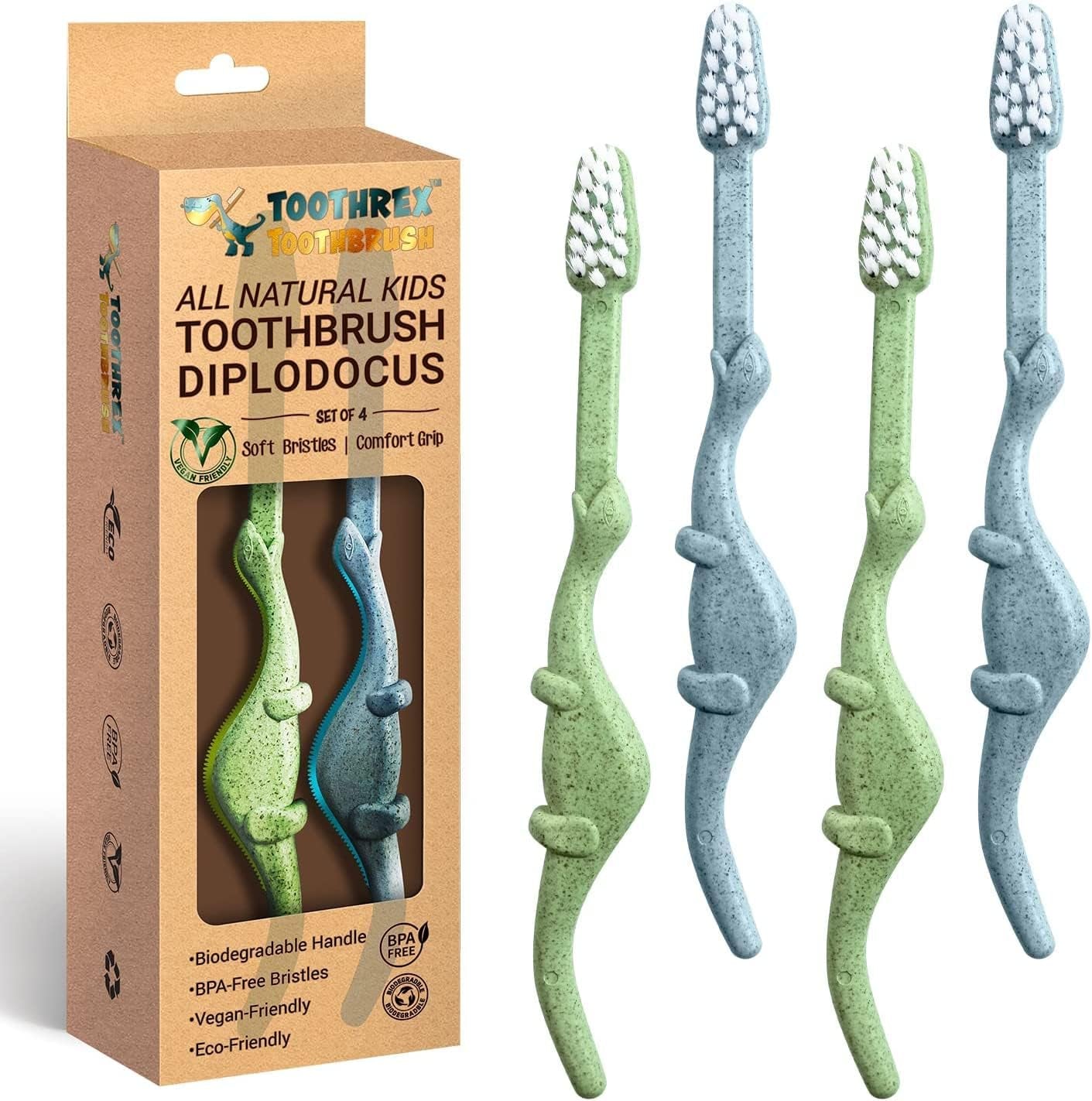 ® All-Natural Eco Friendly Kids Toothbrush Made from Plants - Dinosaurs 4-36M - Baby to Toddler - Blue/Green - 4Pk | 1% for the Planet Product