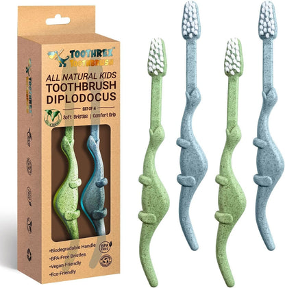 ® All-Natural Eco Friendly Kids Toothbrush Made from Plants - Dinosaurs 4-36M - Baby to Toddler - Blue/Green - 4Pk | 1% for the Planet Product