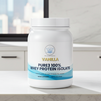 Vanilla whey protein isolate container with brand logo on a white background