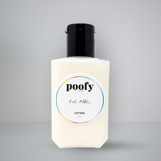 A bottle of Poofy Cosmetics Full Puffs Lotion in shade Tia, featuring an off-white body, a black cap, and a circular label with a rainbow-colored border on a light gray background.