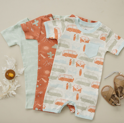 GOTS Certified Organic Cotton Short Sleeve Romper - Vintage Busses