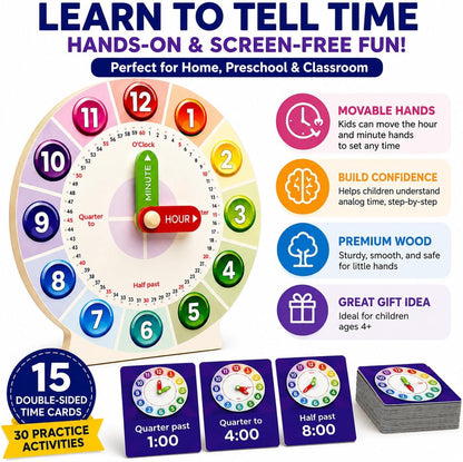 Tick Tock Learn Wooden Teaching Clock for Kids Ages 4+