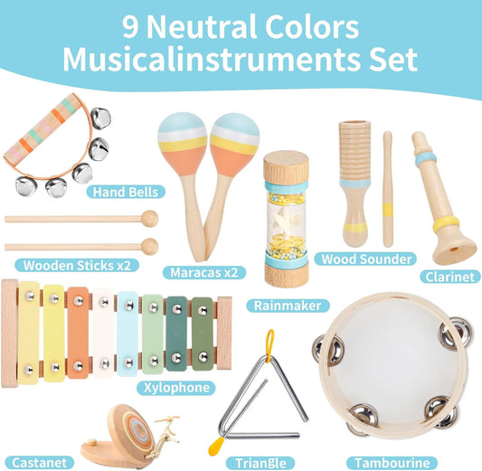 My First Music Makers Wooden Montessori Instrument Set for Toddlers Ages 3+ 9 Piece Musical Toy Collection