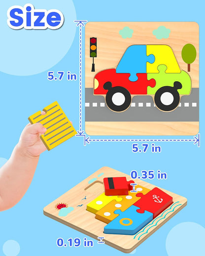 Little Wheels Puzzle Adventure, 6 Pack Wooden Vehicle Puzzles for Toddlers Ages 1+