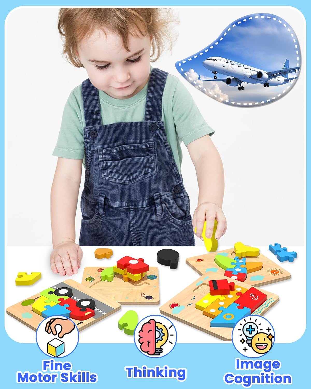Little Wheels Puzzle Adventure, 6 Pack Wooden Vehicle Puzzles for Toddlers Ages 1+