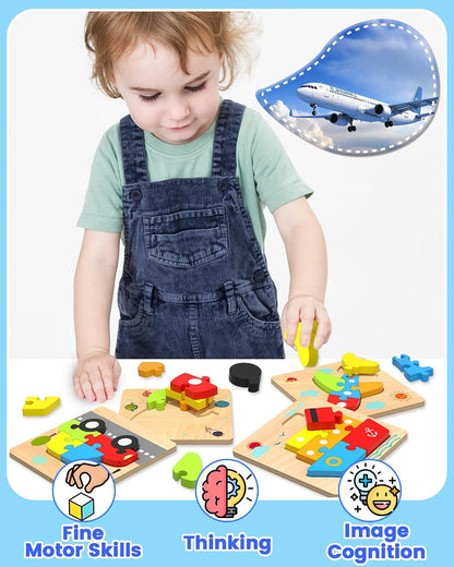 Little Wheels Puzzle Adventure, 6 Pack Wooden Vehicle Puzzles for Toddlers Ages 1+