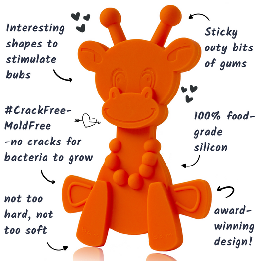 Orange giraffe-shaped toy with text highlighting features on a white background