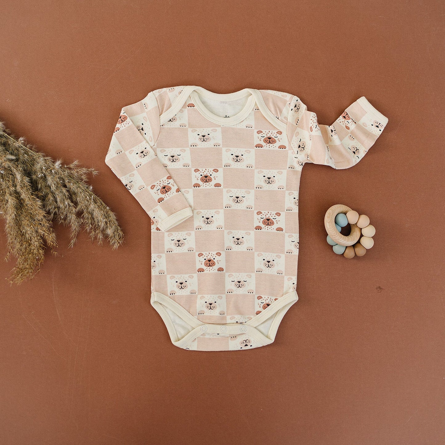Organic Cotton Long Sleeve Bodysuit - Checkered Bear