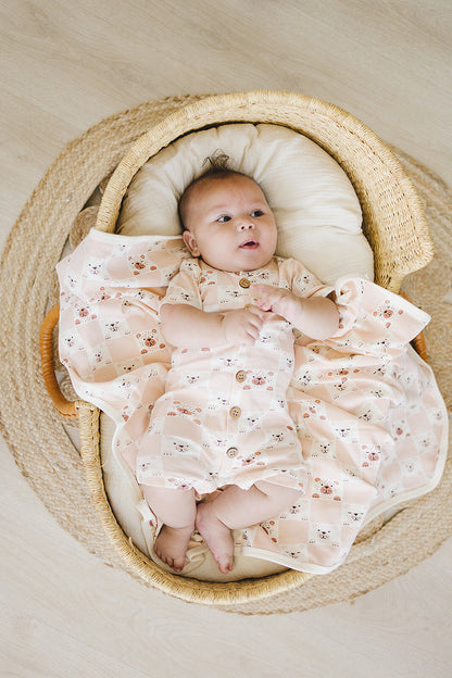 GOTS Certified Organic Cotton Short Sleeve Romper - Checkered Bear