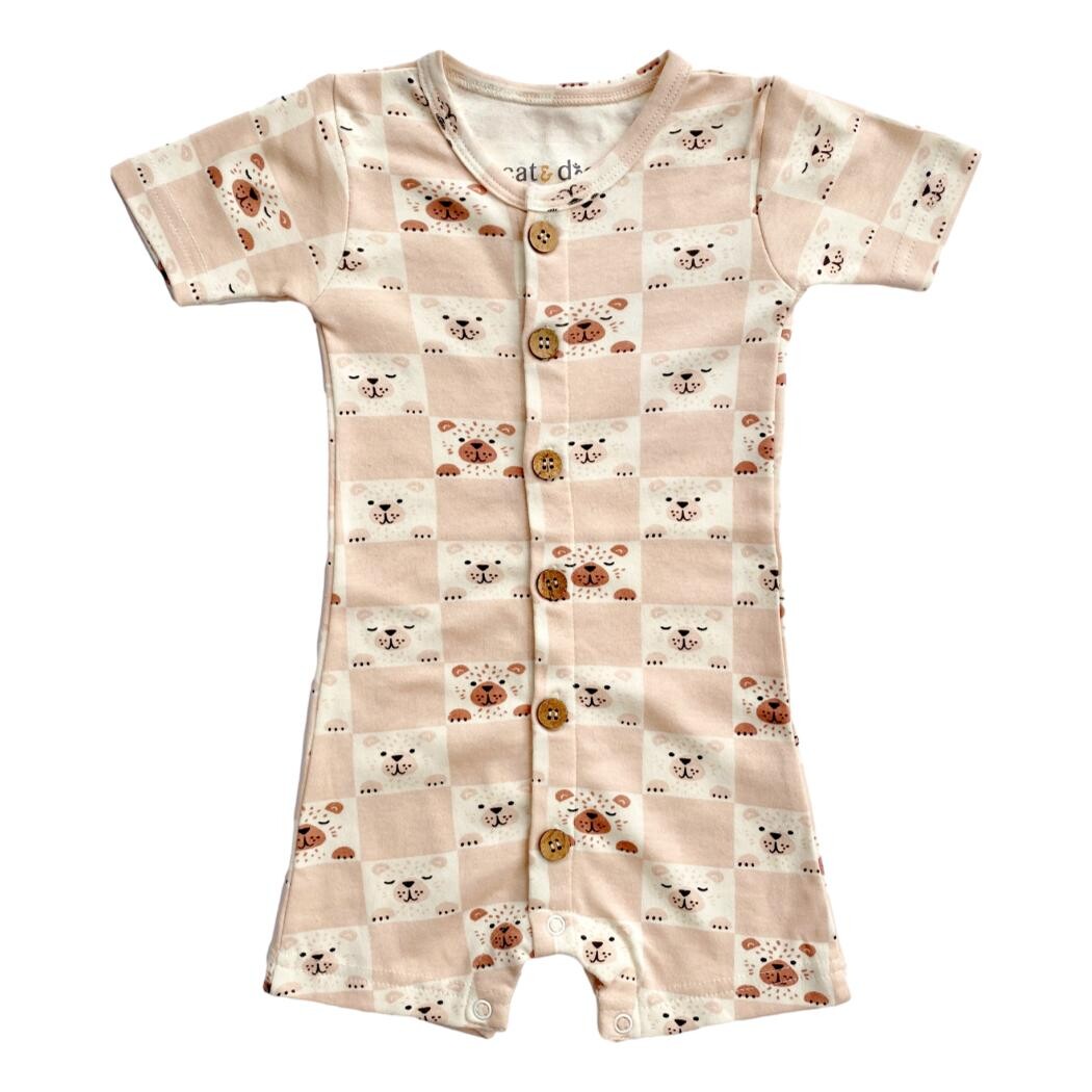 GOTS Certified Organic Cotton Short Sleeve Romper - Checkered Bear