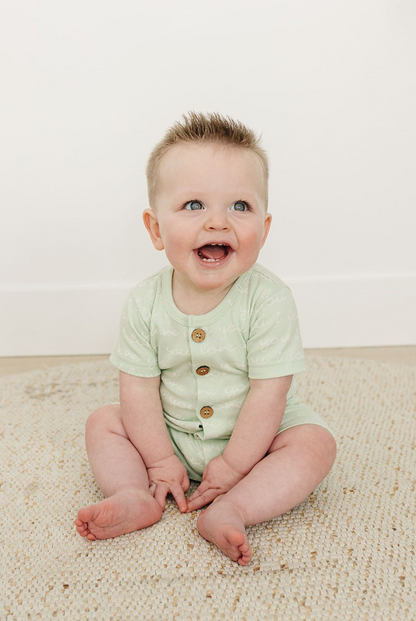 GOTS Certified Organic Cotton Short Sleeve Romper - I Love You (Desert Green)