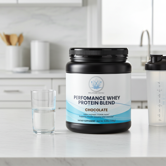 A tub of Balanced Basics Performance Whey Protein Blend in Chocolate flavor sits on a white kitchen counter next to a glass of water and a shaker bottle.