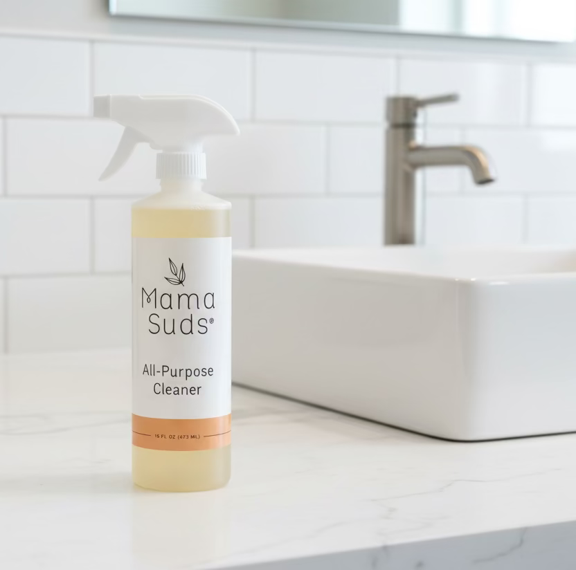 A bottle of Mama Suds All-Purpose Cleaner stands on a white marble countertop in front of a white ceramic sink and a modern faucet. The bottle is translucent with pale yellow liquid inside and a white spray top.
