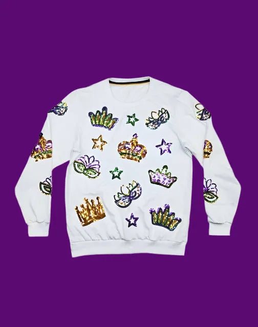Mardi Gras Creations - Youth Crown & Mask French Terry Light Weight Pullover -White