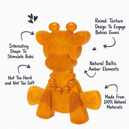 Orange giraffe-shaped toy with text describing its features on a white background