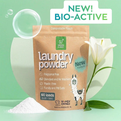 Package of laundry powder with a green background and a white flower.