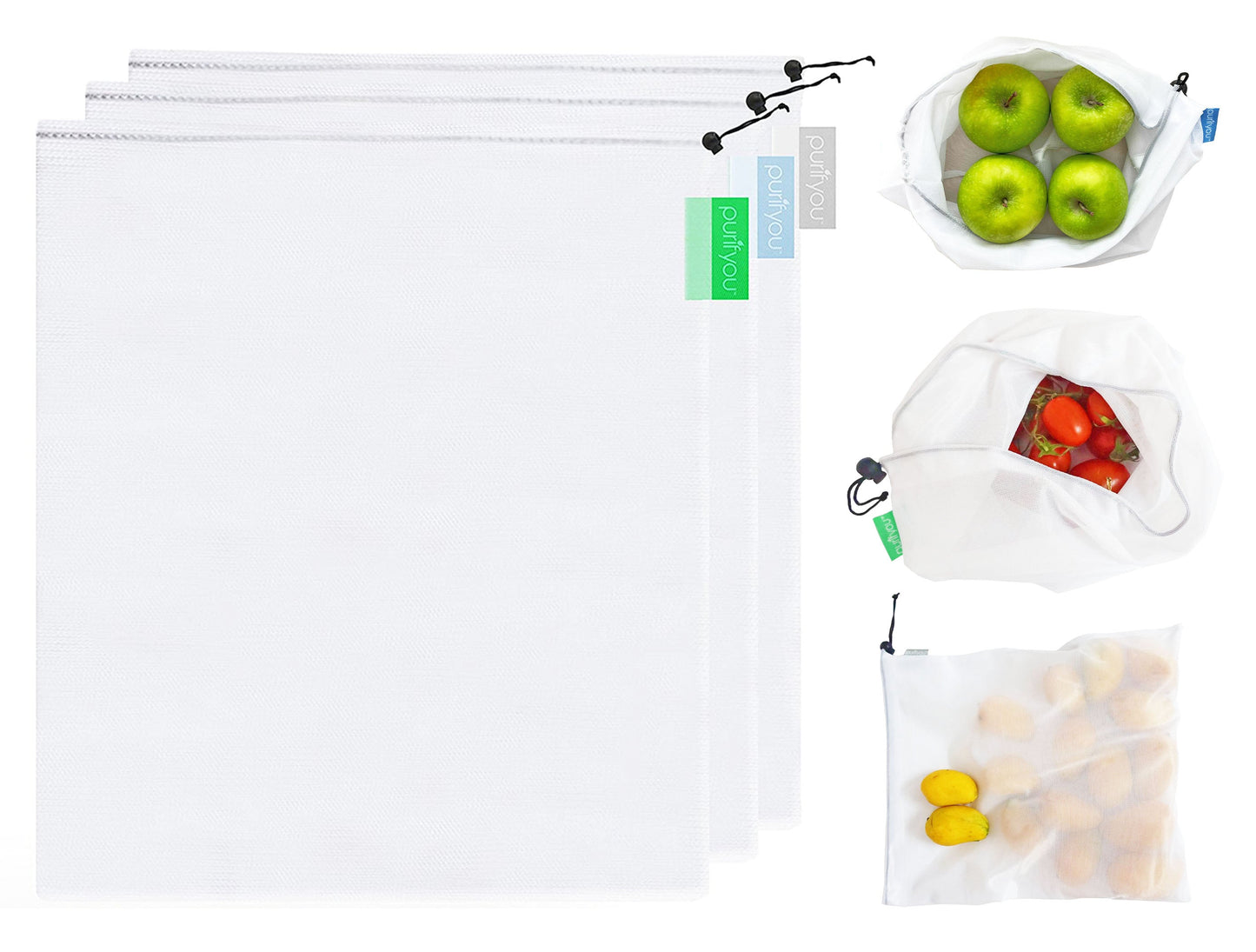purifyou Reusable Mesh Bags - Market Bag for Fresh Produce, Groceries, Storage & Gifts (sold per set)