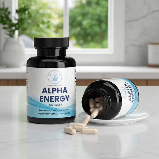A bottle of Alpha Energy Capsules stands upright on a white marble countertop, with another bottle tipped over on a small white plate, showing beige capsules spilling out. The background is a softly blurred kitchen or bathroom setting with a window and greenery.