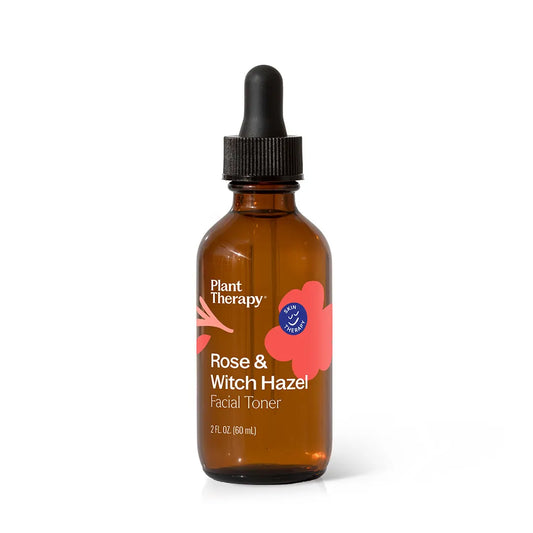 Brown glass bottle of Plant Therapy Rose & Witch Hazel Facial Toner on a white background