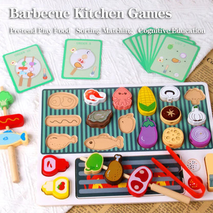 Kids Wooden Barbecue Kitchen Toy Set – Pretend Play Food Cutting Game