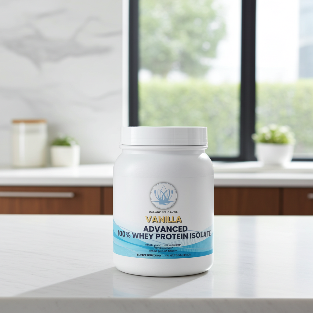A white tub of Vanilla Advanced 100% Whey Protein Isolate by Balanced Ratio Nutrition stands on a light countertop in a bright kitchen setting with a blurred window and cabinets in the background.