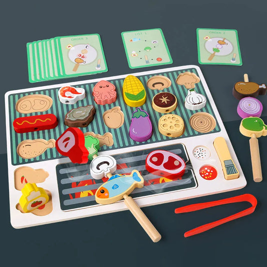 Kids Wooden Barbecue Kitchen Toy Set – Pretend Play Food Cutting Game