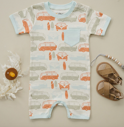 GOTS Certified Organic Cotton Short Sleeve Romper - Vintage Busses