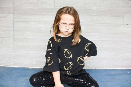 SeersuckerJOEY LLC - Girls Oversized Game Day Tee Black + Gold