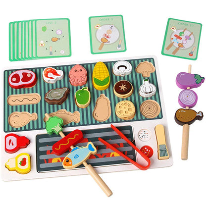 Kids Wooden Barbecue Kitchen Toy Set – Pretend Play Food Cutting Game