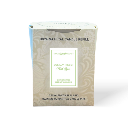 100% natural candle refill packaging with 'Sunday Reset' label on a white background
